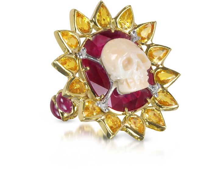 Gold, Ruby and Yellow Sapphires Skull Bone Ring - Bernard Delettrez