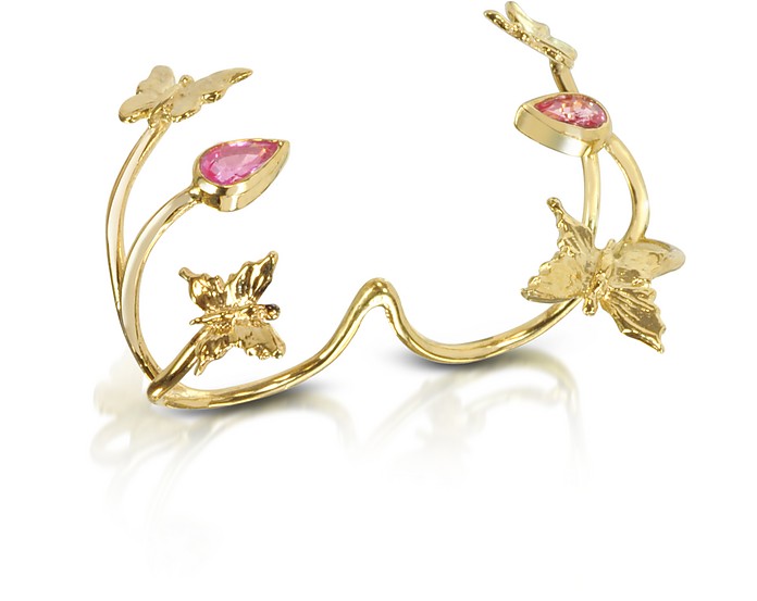 Butterfly and Pink Sapphires Gold 2 Fingers Ring - Bernard Delettrez