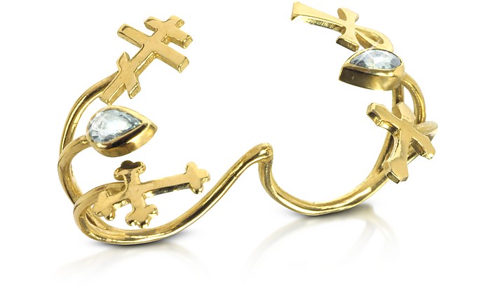 Gold with Green Sapphires Double Ring with Crosses - Bernard Delettrez