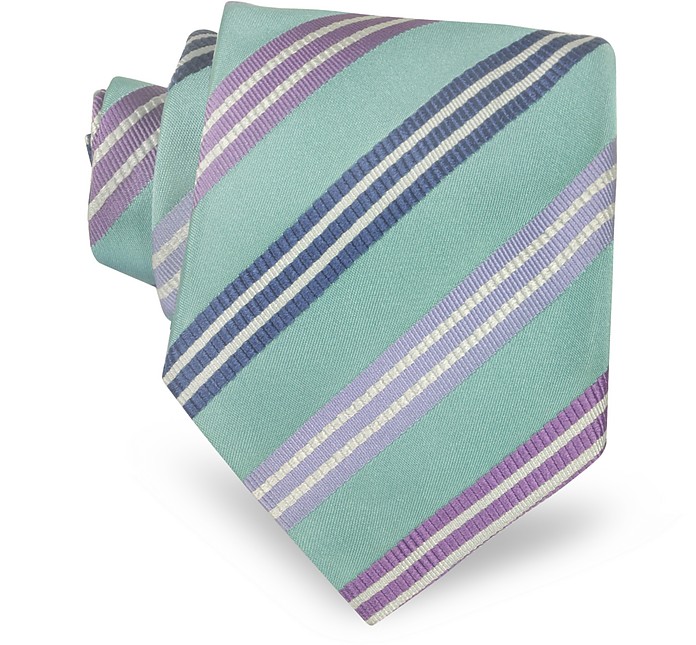 Light Blue Diagonal Stripe Woven Silk Tie - Canali