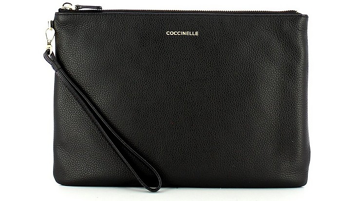 Black Leather Large Envelope Cosmetic Case - Coccinelle