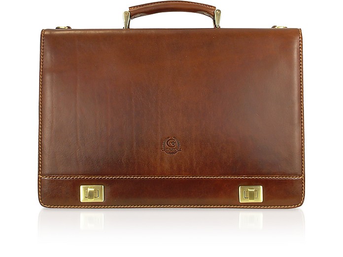 Handmade Brown Genuine Italian Leather Multi-pocket Briefcase - Chiarugi