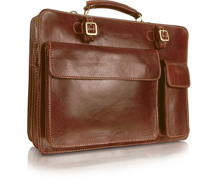 Handmade Brown Genuine Leather Double Gusset Briefcase - Chiarugi