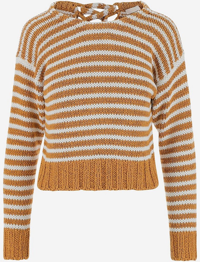 Light Brown and White Striped Knit Cotton Women's Crewneck Sweater - Chloé
