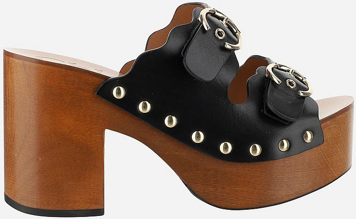 Black Leather and Wood Ingrid Clogs - Chloé