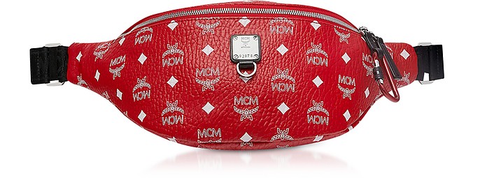 Viva Red Fursten Medium Belt Bag w/White Logo Visetos - MCM