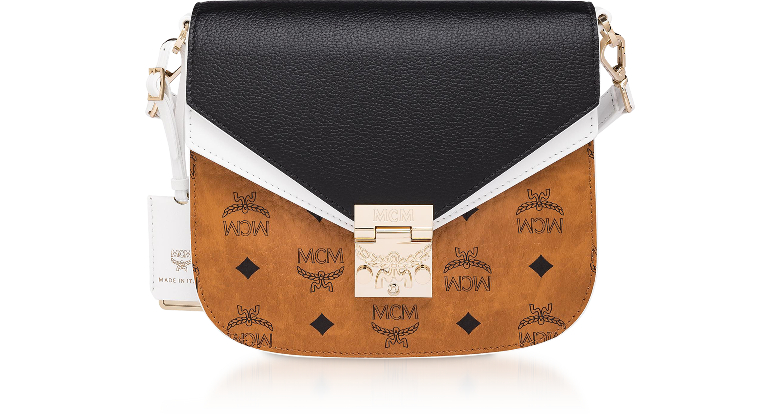 MCM Cognac & Black Visetos Leather Small Patricia Shoulder Bag at FORZIERI