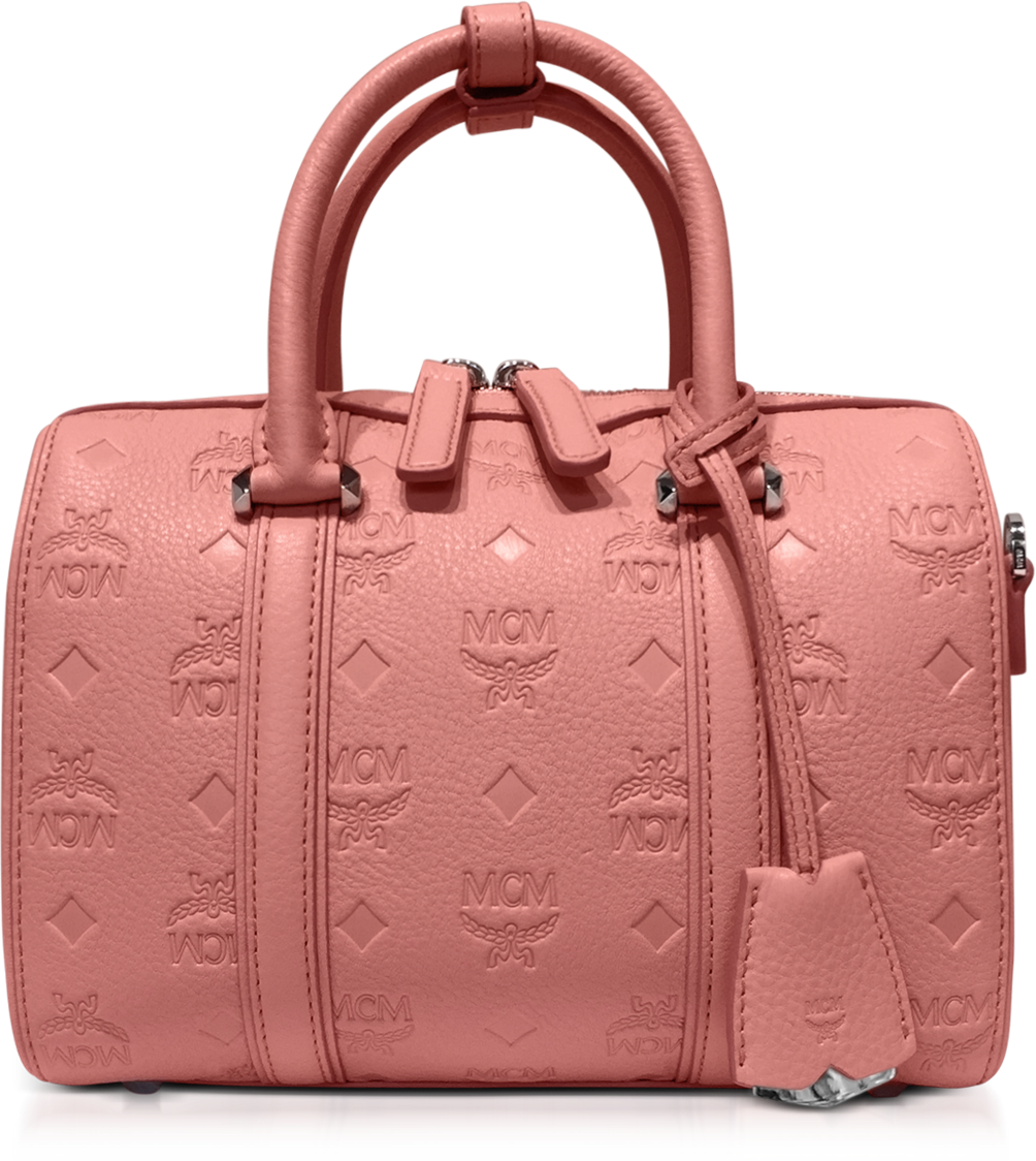 MCM Small Pink Blush Signature Monogrammed Leather Boston Bag at