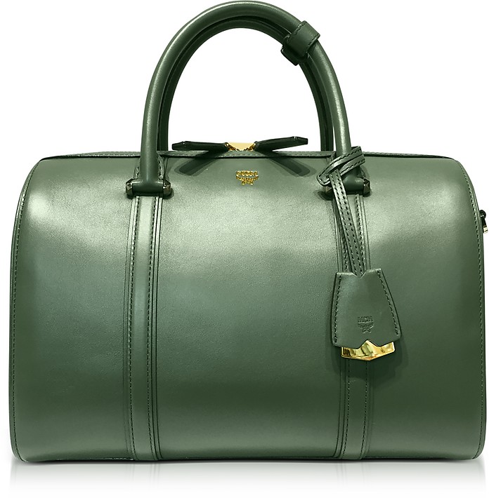 Large Loden Green Signature Smooth Leather Boston Bag - MCM