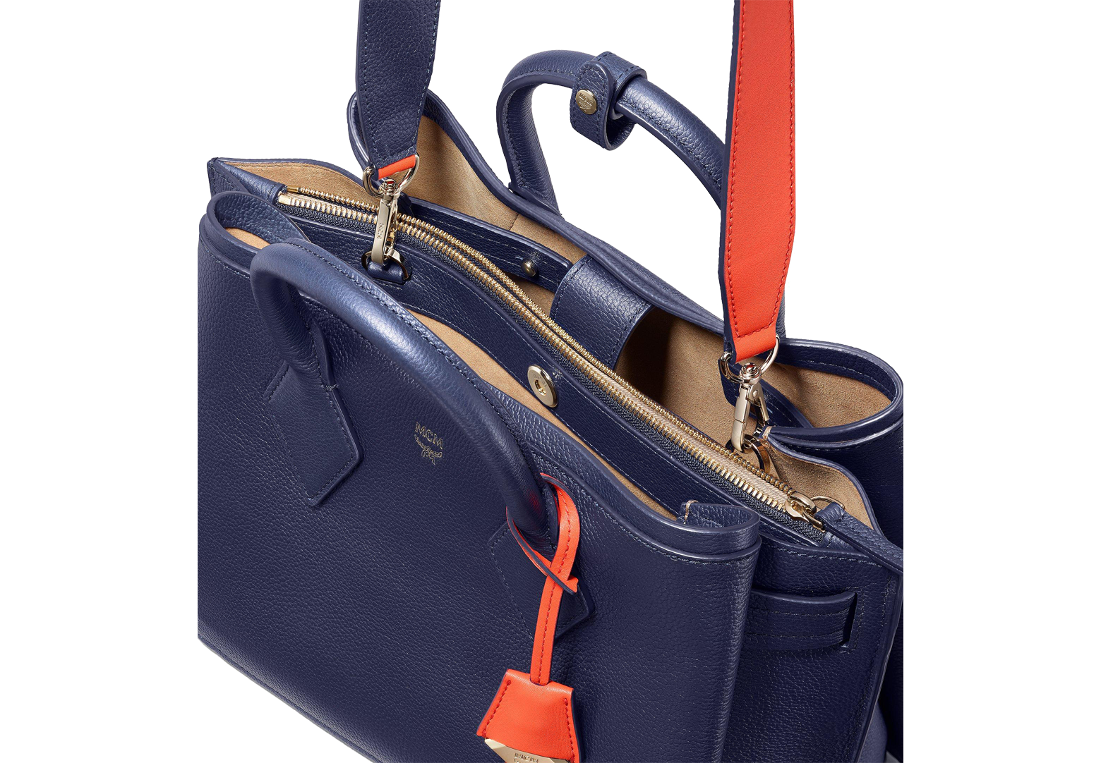 Mcm Medium Neo Milla Park Avenue Leather Tote In Navy Blue/gold