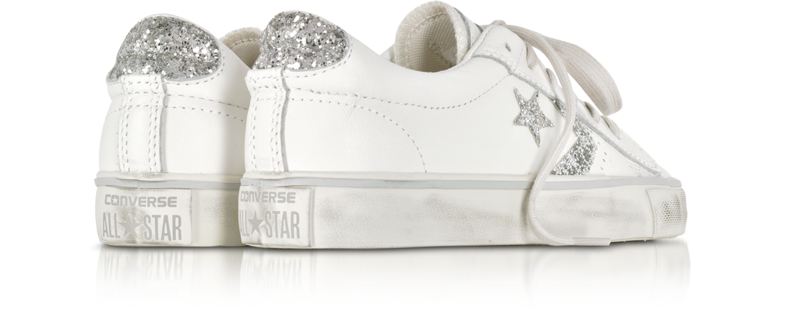 Converse Limited Edition Pro Leather Vulc Ox Distressed Leather Sneakers  w/Silver Glitter Star 7 WOMENS US | 5 UK | 38 EU at FORZIERI