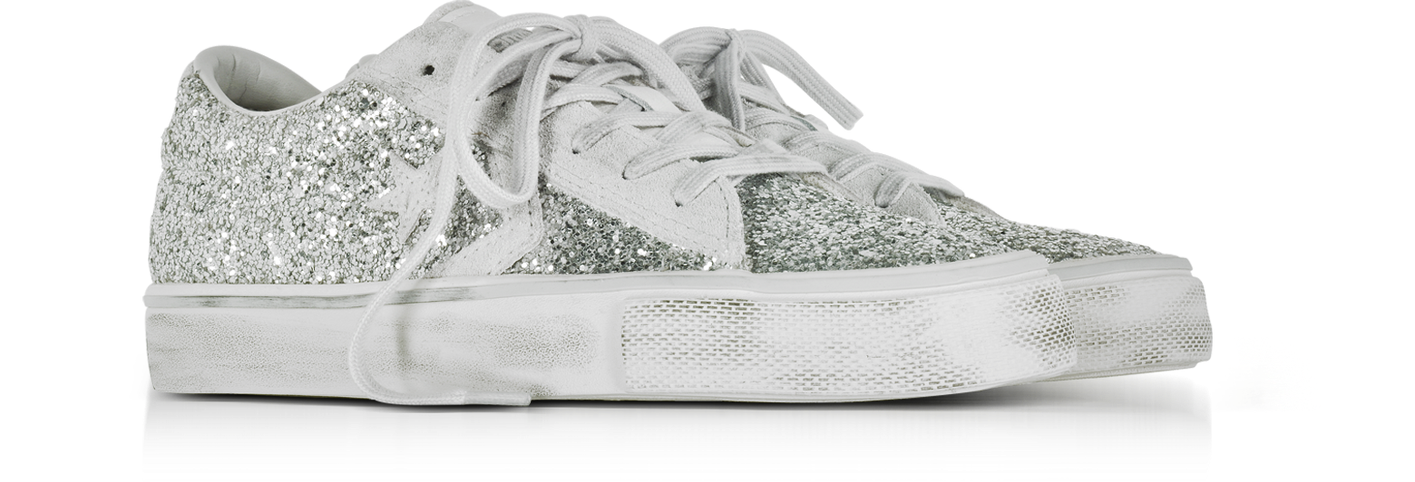 converse pro leather vulc ox leather distressed white silver glitter
