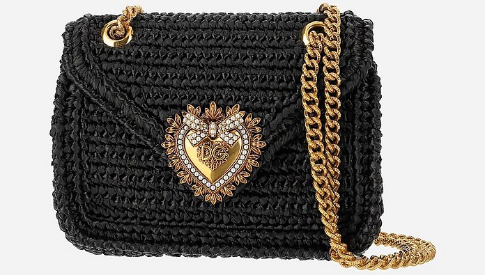 Black Crochet Raffia Medium Devotion Shoulder Bag - Dolce & Gabbana