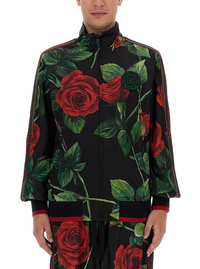 Sweatshirt With Zipper And Rose Print - Dolce&Gabbana