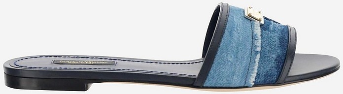 Blue Leather and Denim Flat Slide Sandals - Dolce & Gabbana