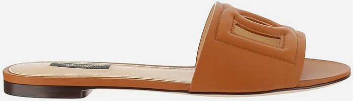 Brown Leather Signature Cut-Out Flat Sandals - Dolce & Gabbana
