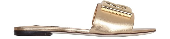 Gold Slide Sandals With Dg Logo - Dolce & Gabbana