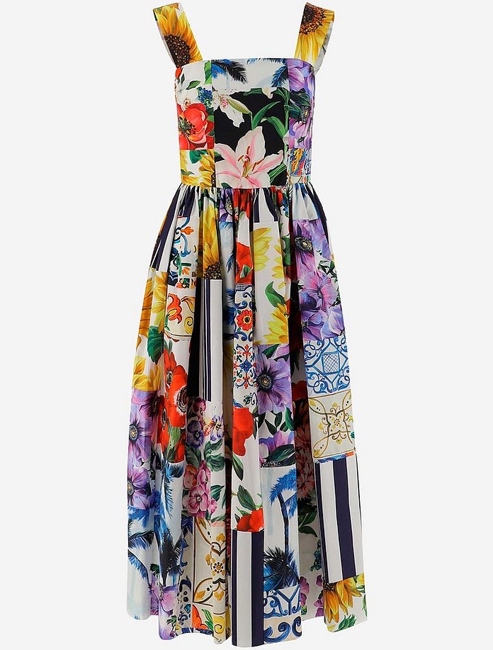 Patchwork Poplin Cotton Longuette Dress - Dolce & Gabbana