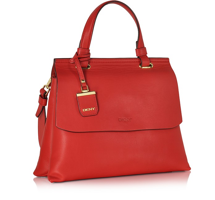 DKNY Vermillion Red Leather Small Double Gusset Top Handle Bag at FORZIERI