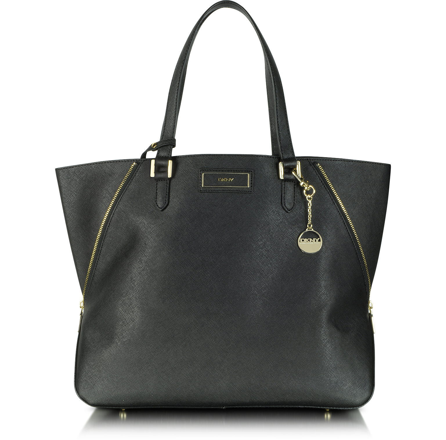 DKNY Black Large Saffiano Leather Zip Tote at FORZIERI