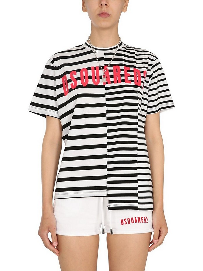 Asymmetric T-Shirt With Stripe Pattern - DSquared2
