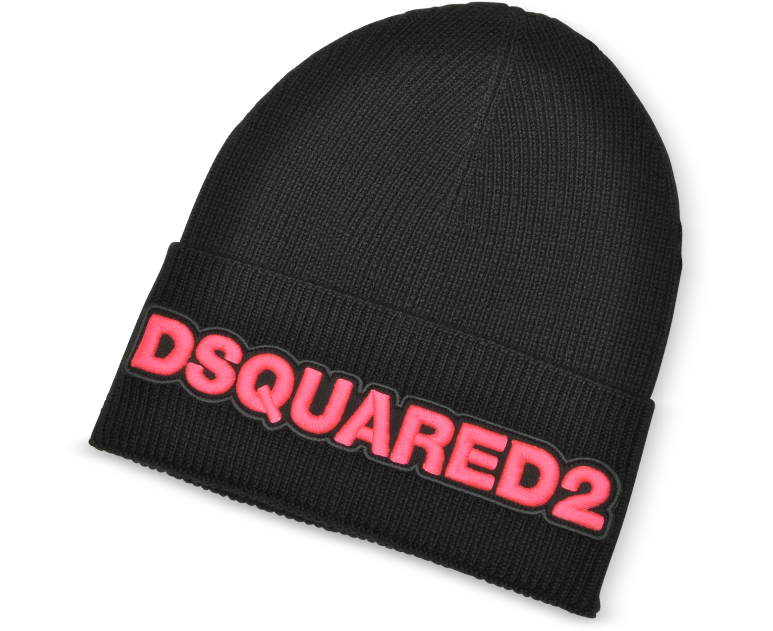 DSquared2 Embroidered Logo Black and Neon Pink Wool Beanie at FORZIERI