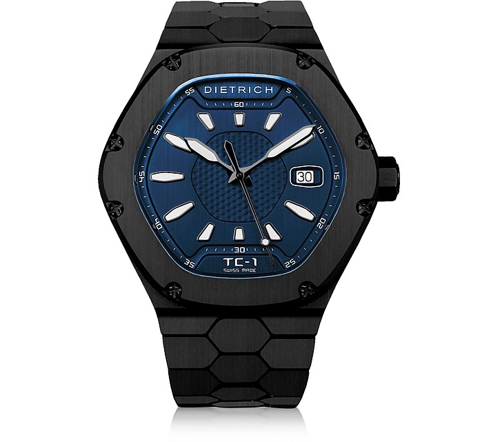 DIETRICH DESIGNER MEN'S WATCHES TC-1 BLACK PVD STAINLESS STEEL W/WHITE LUMINOVA AND BLUE DIAL
