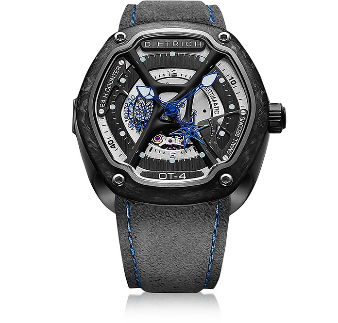 OT-4 316L Steel And Forged Carbon Men's Watch w/Blue Luminova and Gray Suede Strap - Dietrich