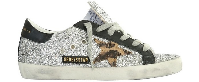 Silver Glittering Textured Leather Superstar Sneakers - Golden Goose