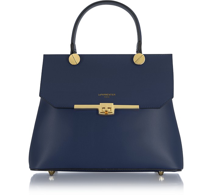 Atlanta Navy Blue Leather Top Handle Satchel Bag w/Shoulder Strap - Le Parmentier