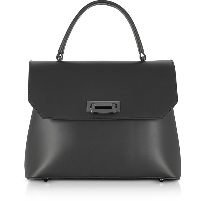 Lutece Medium Black Leather Top Handle Satchel Bag - Le Parmentier