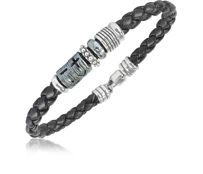 Silver Band Braided Leather Bracelet - Tedora