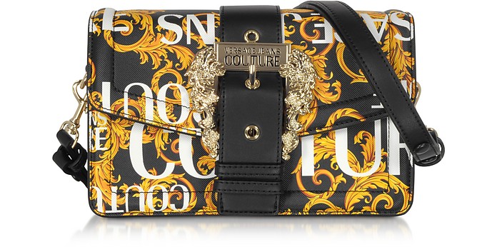 Gold Signature Print Saffiano Leather Crossbody Bag w/Buckle - Versace Jeans Couture