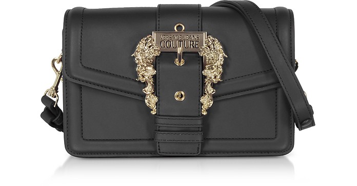 Black Leather Crossbody Bag w/ Buckle - Versace Jeans Couture