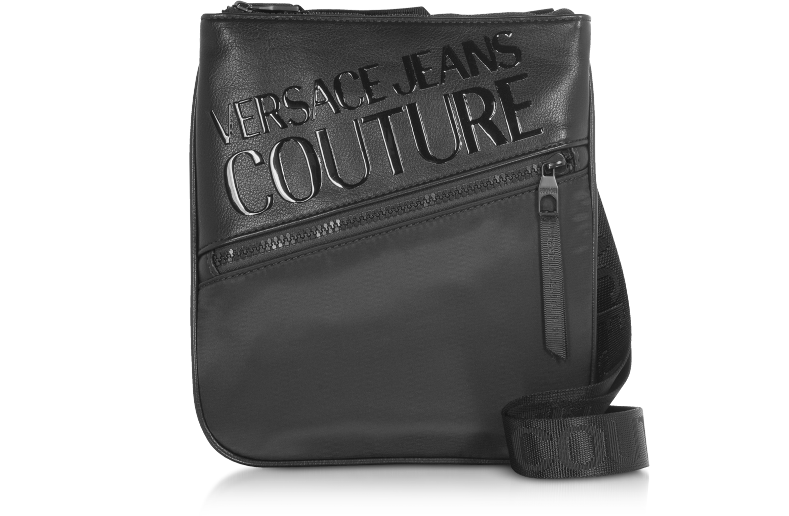 Versace Jeans Couture Black White Leather Signature Logo Crossbody Bag