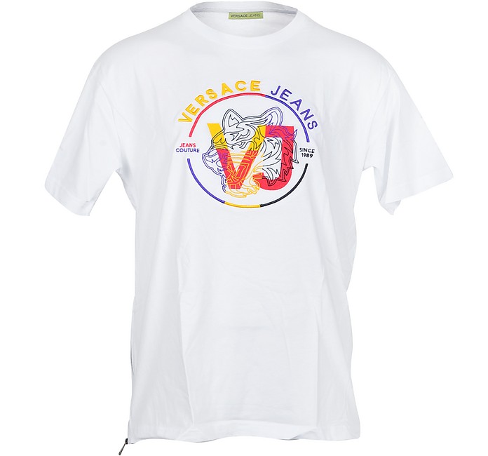 White Cotton Signature Print Men's T-shirt - Versace Jeans