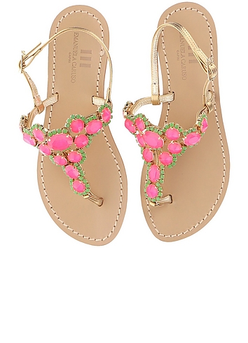 Golden Leather Thong Flat Sandals w/Pink and Green Crystals展示图