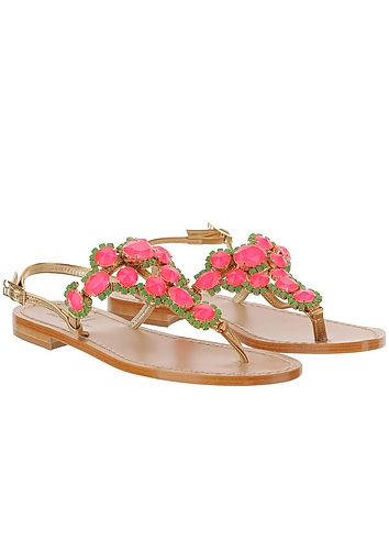 Golden Leather Thong Flat Sandals w/Pink and Green Crystals展示图