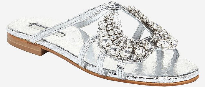 Silver Laminated Leather and Crystals Slide Sandals - Emanuela Caruso