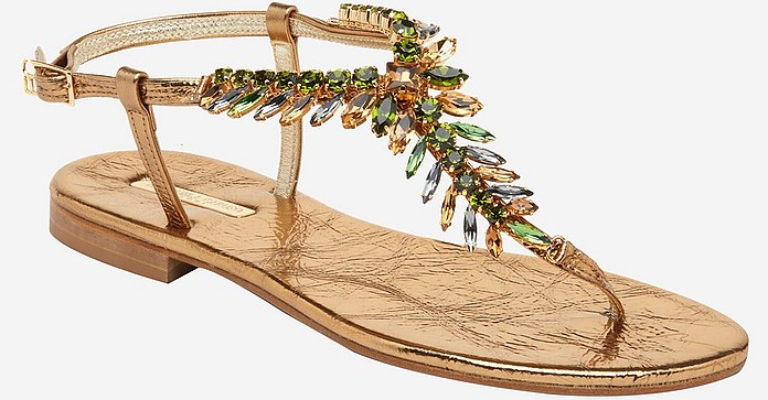 Golden Leather Jeweled Thong Flat Sandals - Emanuela Caruso