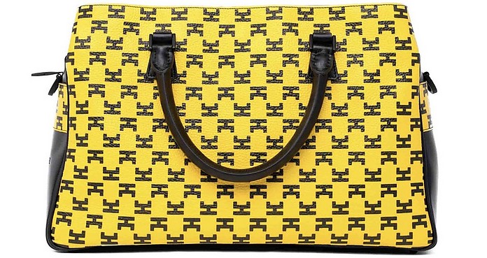 Enigme Yellow/Black Calfskin Leather Top Handle Bag - Hemcael