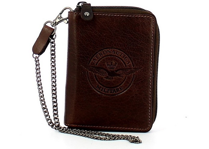 Dark Brown Leather Zip Around Men's Wallet w/Chain - Aeronautica Militare
