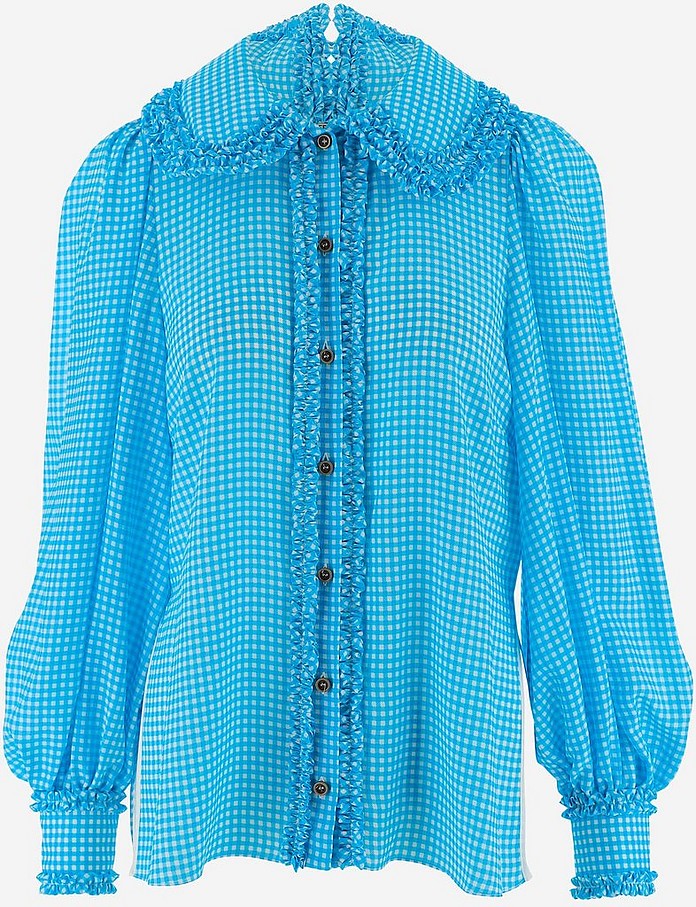 Blue Vichy Printed Silk Women's Shirt - Fendi