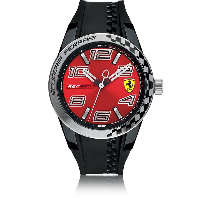 Red Rev T Silver Tone Stainless Steel Case and Black Silicone Strap Men's Watch - Ferrari