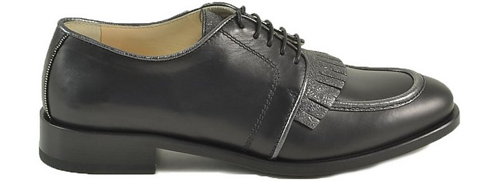 Black Leather Women's Derby Shoes w/Fringes - Fabiana Filippi