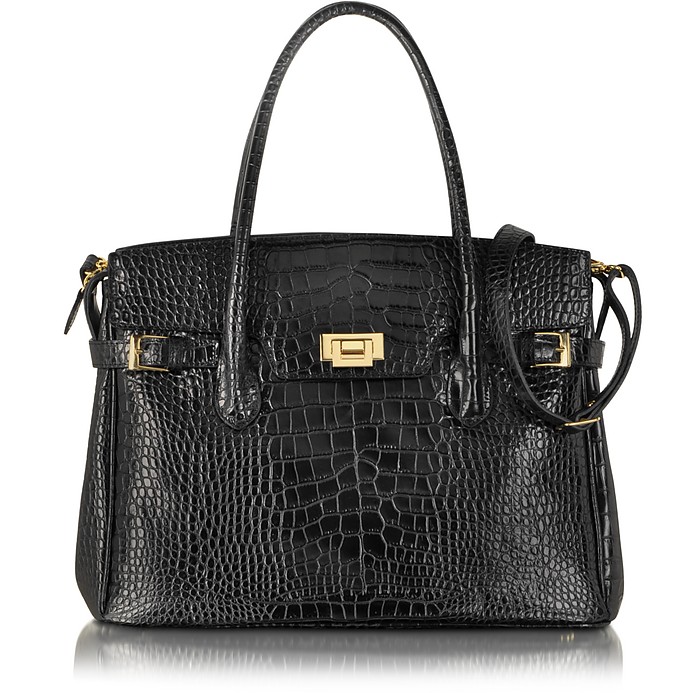 Shiny Black Croco Embossed Leather Tote - Fontanelli