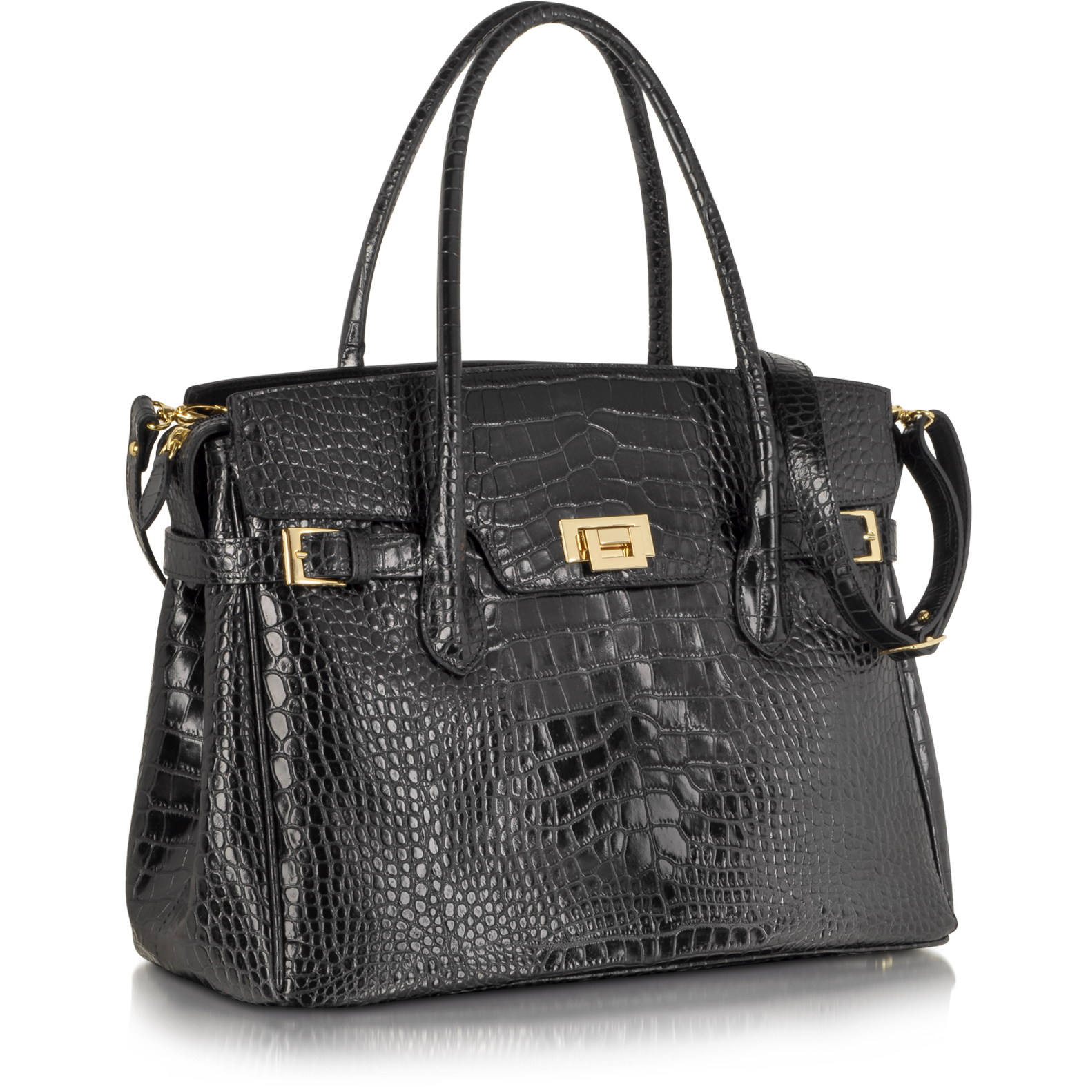 Fontanelli Shiny Black Croco Embossed Leather Tote at FORZIERI