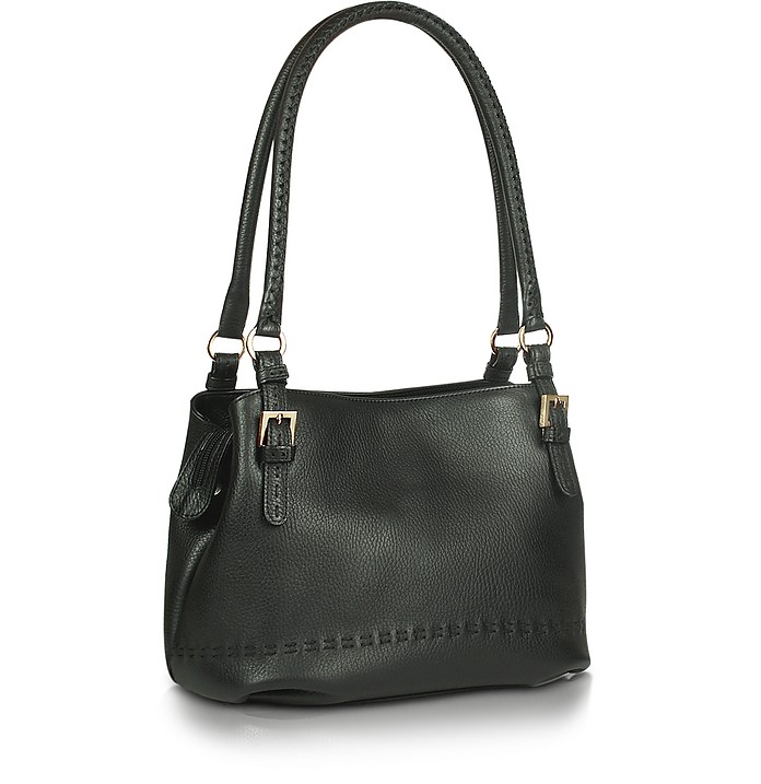 Black stiched Soft Leather Handbag - Fontanelli