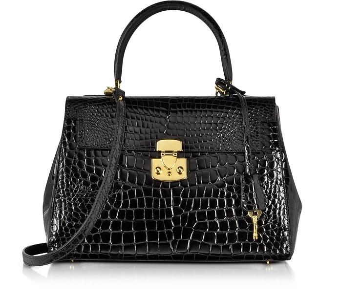 Shiny Black croco-style Leather Handbag - Fontanelli