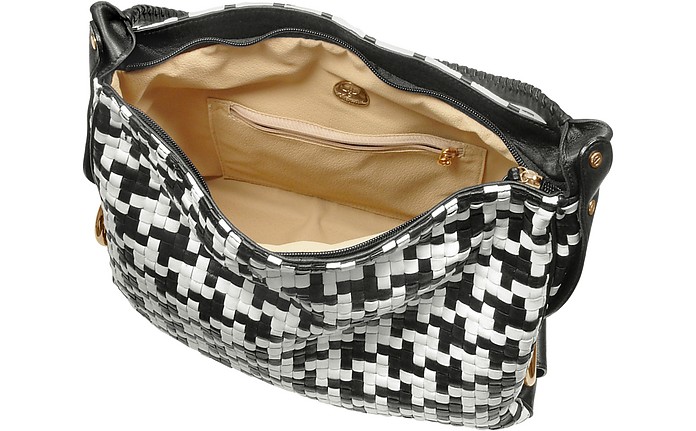 Fontanelli Black and White Houndstooth Woven Leather Tote Bag at FORZIERI